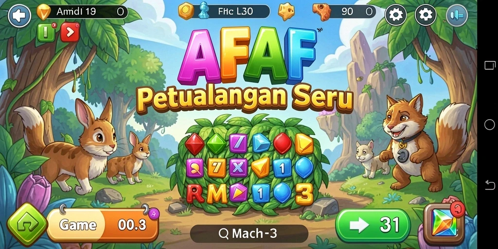 Screenshot utama AFAF menunjukkan gameplay Match-3 yang seru dan penuh warna.