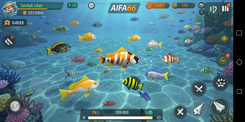 Screenshot dari gameplay AIFA66 yang menunjukkan penembakan ikan.