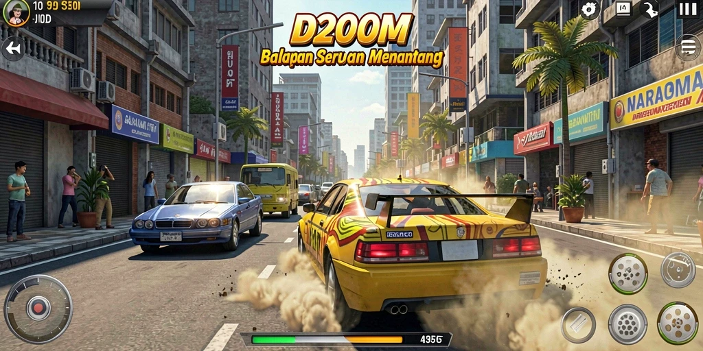 Screenshot utama D200M menampilkan aksi balapan mendebarkan.