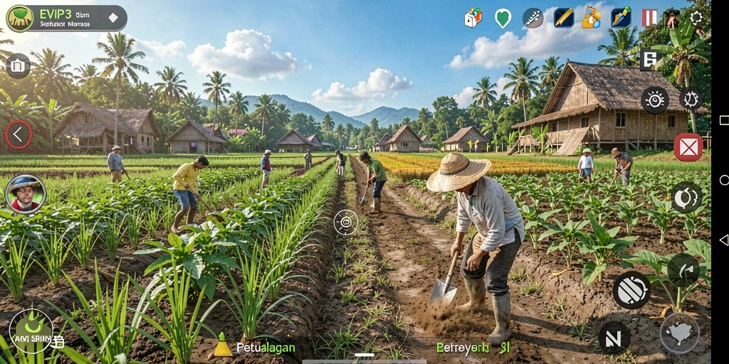 Tampilan gameplay <strong>EVIP3</strong> yang menampilkan aktivitas bertani yang seru.