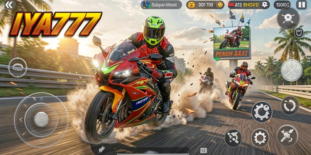 Tampilan gameplay balapan motor yang mendebarkan di IYA777.