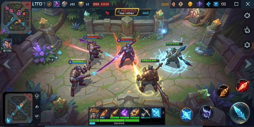 Screenshot gameplay LTDTOTO menampilkan pertempuran seru di arena.