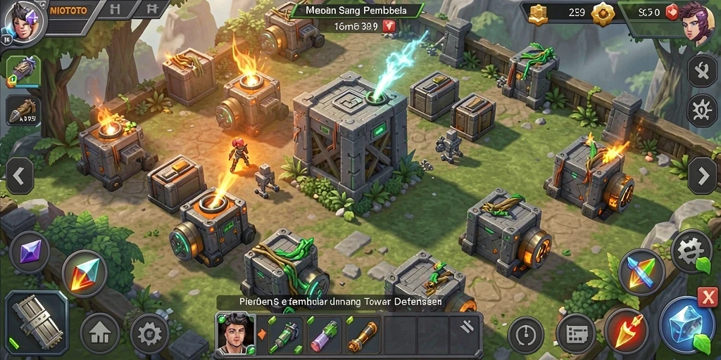 Screenshot MIOTOTO menampilkan aksi seru di pertahanan menara.