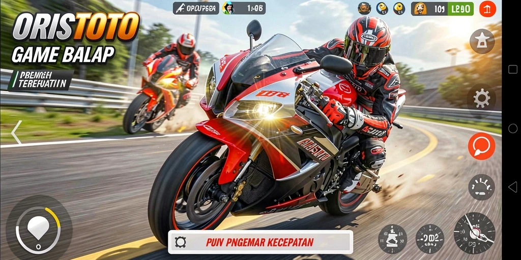 Tampilan gameplay ORISTOTO yang menegangkan di arena balap motor.