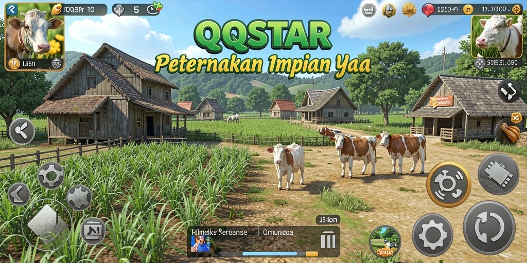 Screenshot gameplay QQSTAR menunjukkan pertanian yang subur dan aktif.